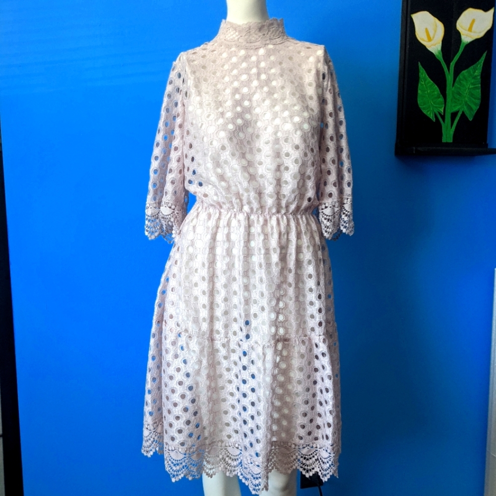 Pale lavender lace eyelet bell sleeve dress